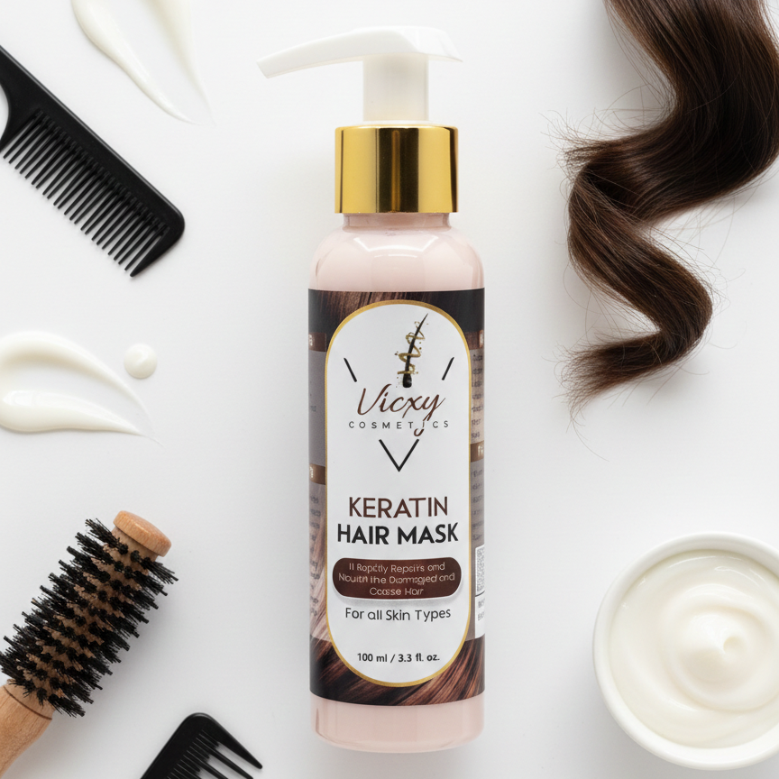 Keratin hair mask bottle with hair care tools on a white background