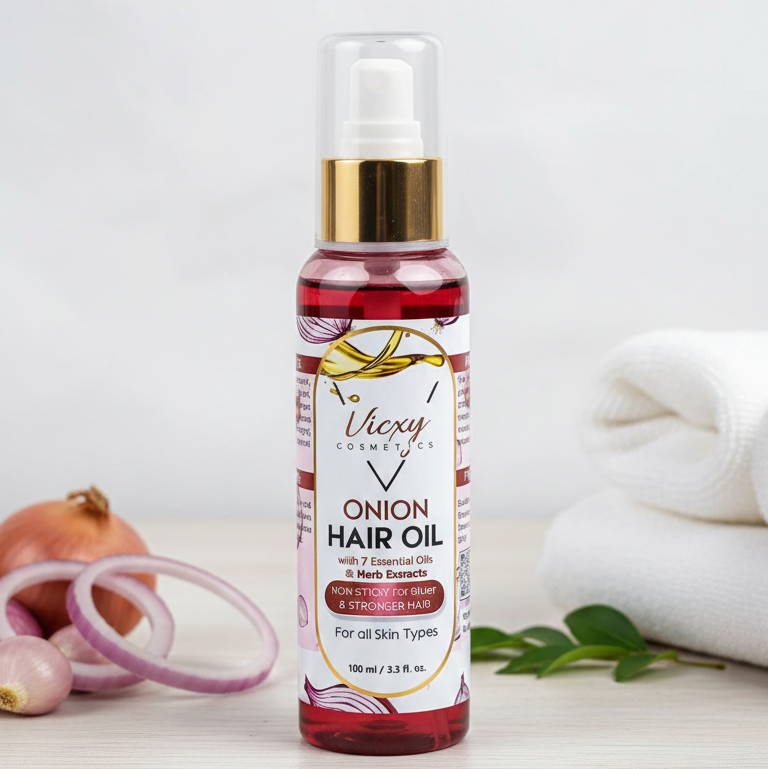 Bottle of onion hair oil with packaging on a white background