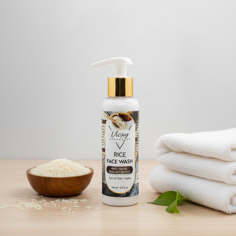 Bottle of rice face wash with a wooden bowl of rice and folded towels on a light surface.