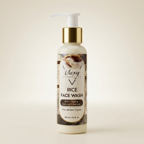 Vixxy Rice Face Wash bottle on a beige background