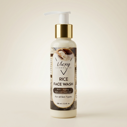 Vixxy Rice Face Wash bottle on a beige background